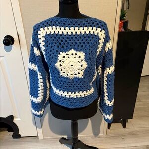 Blue and White Crochet Snowflake Sweater
